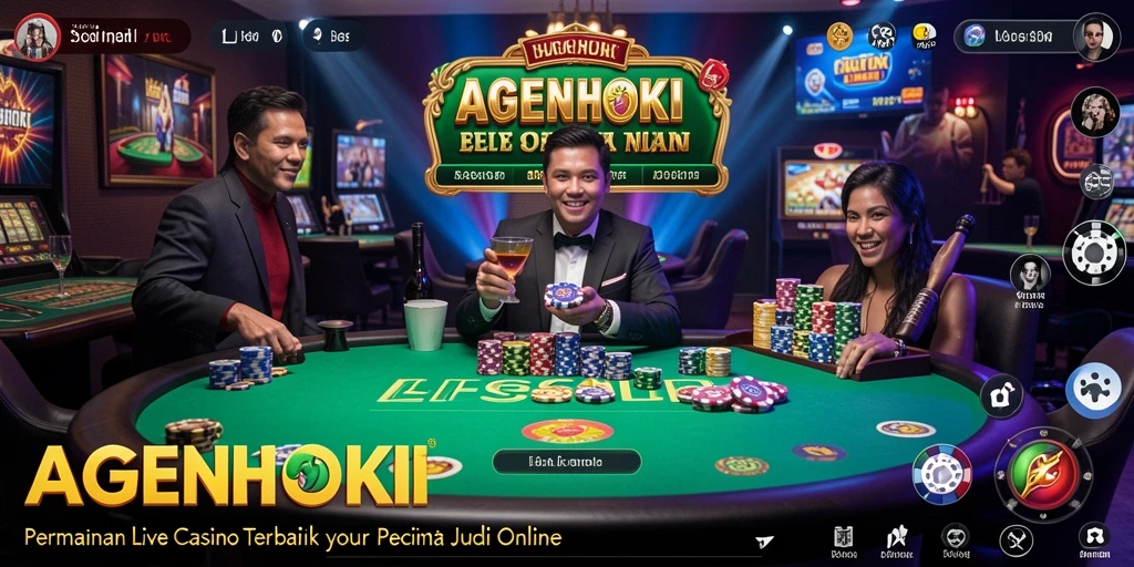 Tampilan gameplay AGENHOKI dengan dealer langsung dan suasana kasino yang hidup.
