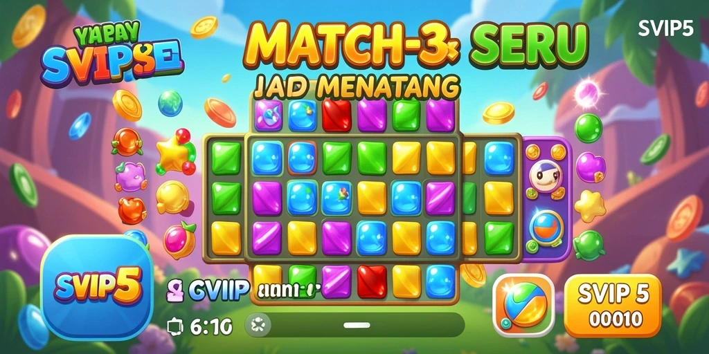 Screenshot gameplay SVIP5 menampilkan momen seru mencocokkan item warna-warni.